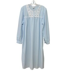 Fundamentals Womens Blue Fleece Nightgown Long Sleeve Floral Embroidered L/G